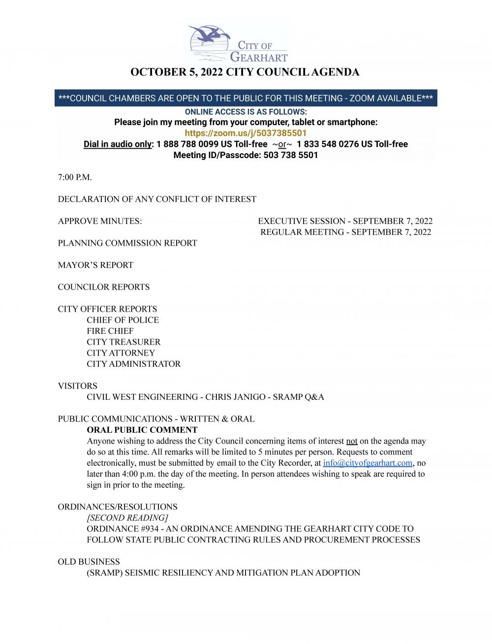 October City Council Meeting City of Gearhart Oregon
