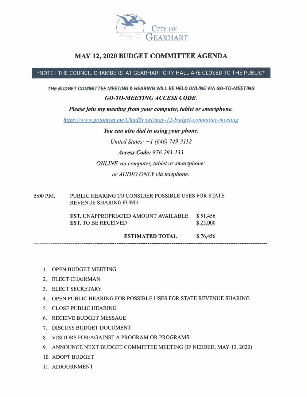 Budget Committee Meeting Agenda